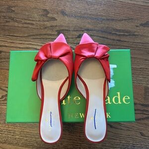 kate spade Red Satin Pointed Toe Bow Slide Mules